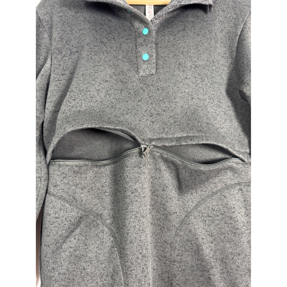Nursing Latched Mama Womens S Pullover Charcoal Grey Turquoise Snap Sweater - Picture 5 of 9